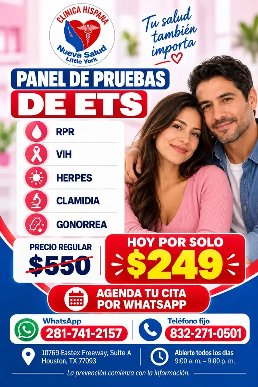 Flyer de la promoción Panel de Pruebas de ETS por $249 en Clínica Hispana Nueva Salud Little York, Houston