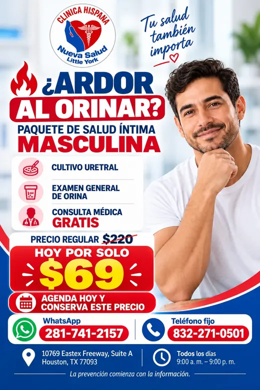 Flyer de la promoción Salud Íntima Masculina por $69 en Clínica Hispana Nueva Salud Little York, Houston