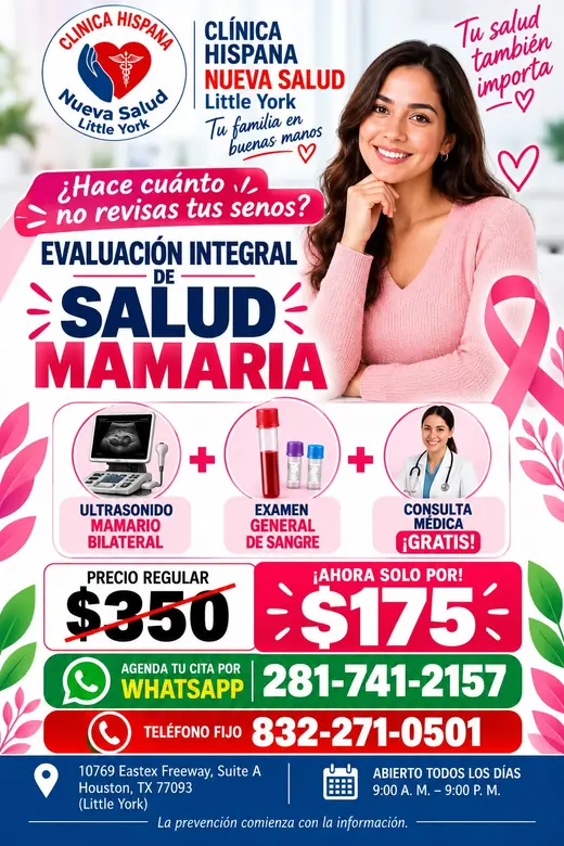 Flyer de la promoción Evaluación de Salud Mamaria por $175 en Clínica Hispana Nueva Salud Little York, Houston